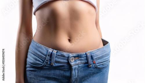 Abdomen of pretty young with blue jeans isolated white background