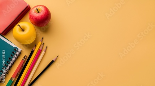 Back to School Essentials: A vibrant yellow background with a flat lay of school supplies including notebooks, pencils, and apples.