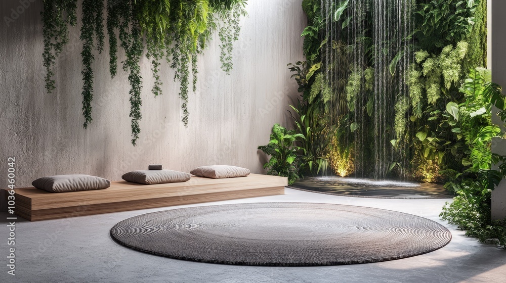 A modern 80s meditation room featuring a large circular rug A modern 80s meditation room featuring a large circular rug