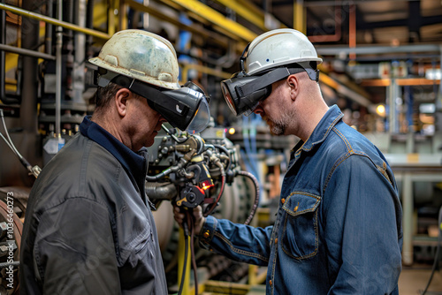 Augmented Reality for Maintenance: Technician using AR glasses to receive guidance and information for equipment repair and maintenance