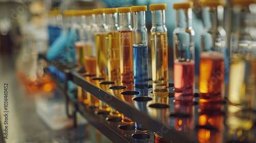 A close-up of test tubes arranged in a rack, filled with different solutions, as a chemist carefully observes the chemical reactions.