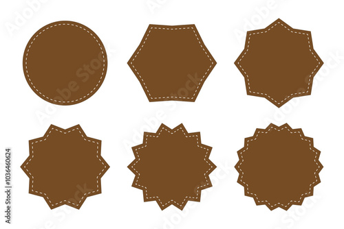 Blank zig zag circle shapes frame template with white stroke in brown color. Circle with sharp and rounded waves edge stitched effect. Set of brown zig-zag circle sticker. Leather labels set.