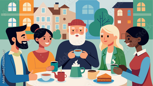 The neighborhood coffee morning was a melting pot of cultures with different languages and accents mixing together as residents enjoyed their coffee and conversation.. Vector illustration