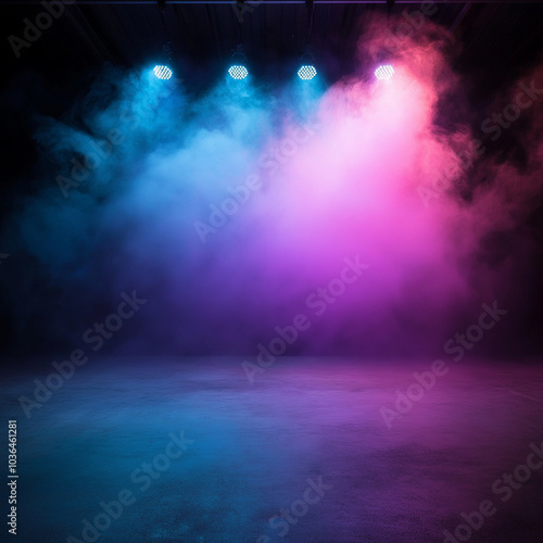 Hyper-Realistic Dark Room with Fog, Neon Lights, Empty Stage, and Concrete Background for a Mysterious Vibe