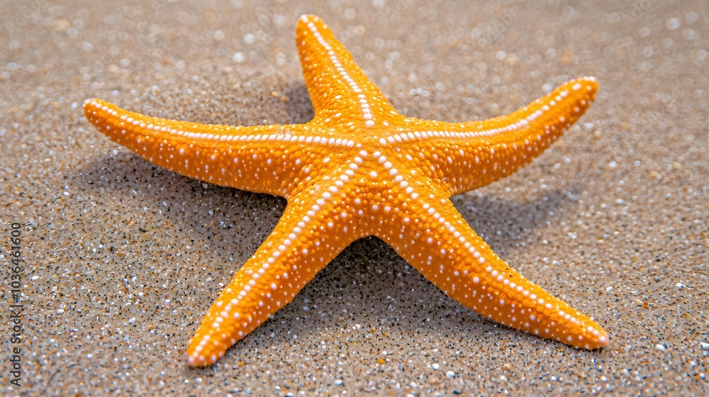 Beachcomber’s Treasure: A close-up shot of a vibrant orange starfish resting on a sandy beach. Its five arms sprawl gracefully, and tiny grains of sand cling to its textured surface. Beachcomber’s Treasure: A close-up shot of a vibrant orange starfish resting on a sandy beach. Its five arms sprawl gracefully, and tiny grains of sand cling to its textured surface.