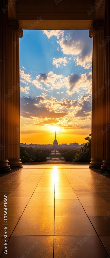 Stunning sunset view through grand architectural columns. Stunning sunset view through grand architectural columns.