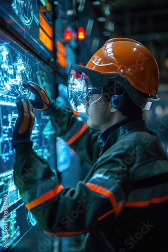 Worker adjusting smart helmet with built-in sensors, factory setting, safety protocols displayed on screens