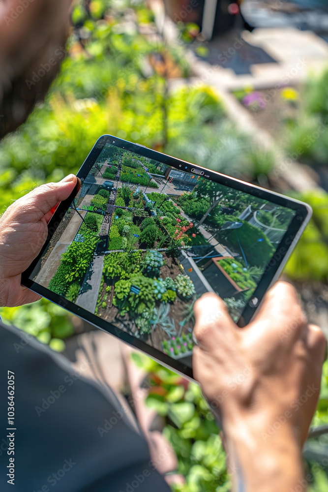 Designer using digital tool to create green spaces, rooftop gardens, and bike lanes on tablet screens Designer using digital tool to create green spaces, rooftop gardens, and bike lanes on tablet screens