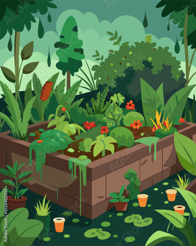 An overgrown garden of unwanted plants resulting from surplus production.. Vector illustration