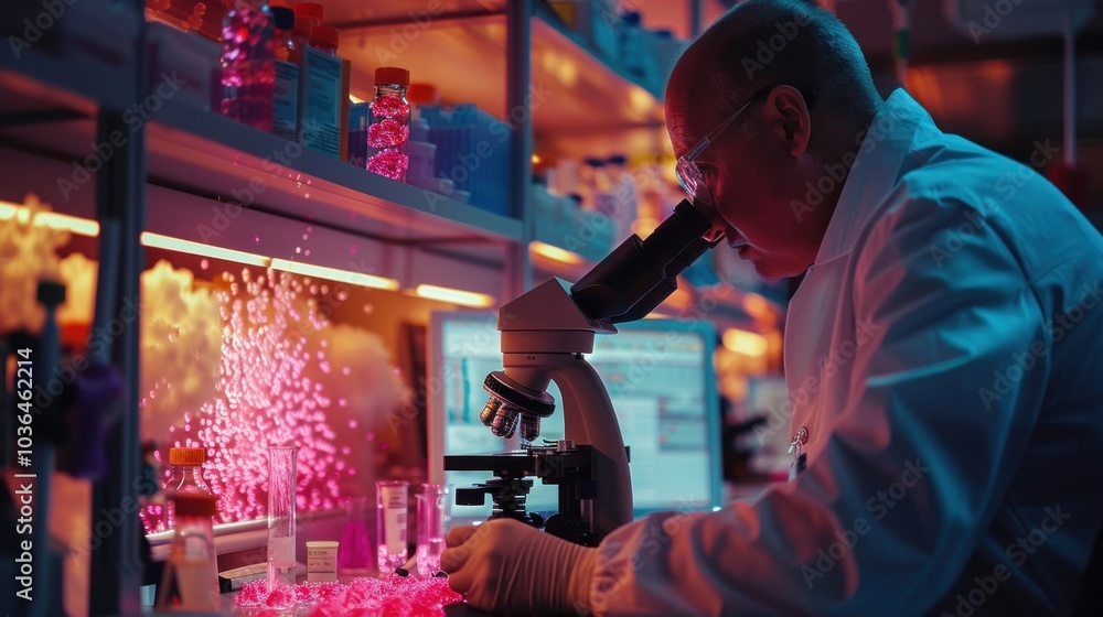 A researcher analyzing cancer cells under a microscope, surrounded by lab equipment and test tubes, as part of a study to develop new cancer treatments. A researcher analyzing cancer cells under a microscope, surrounded by lab equipment and test tubes, as part of a study to develop new cancer treatments.