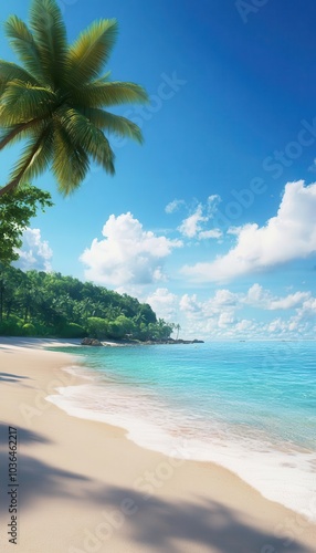 Tropical beach scenery with palm trees and clear blue sky, inviting and serene.