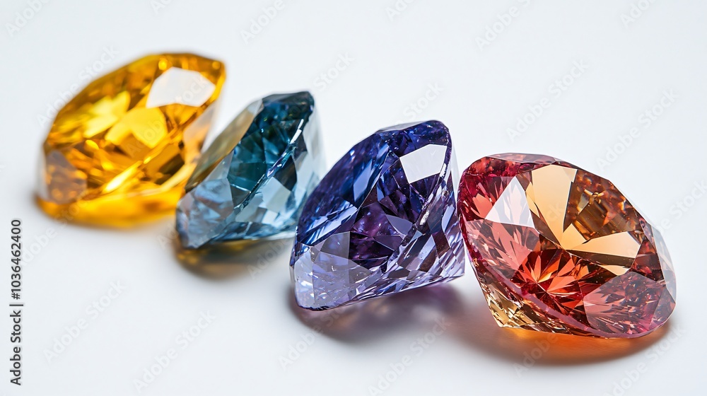 close up yellow, blue, purple, pink gemstones on a white background
close up yellow, blue, purple, pink gemstones on a white background