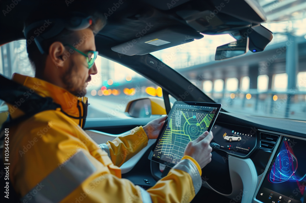 Engineer monitoring autonomous car test, holding tablet, analyzing real-time data, vehicle on test track Engineer monitoring autonomous car test, holding tablet, analyzing real-time data, vehicle on test track