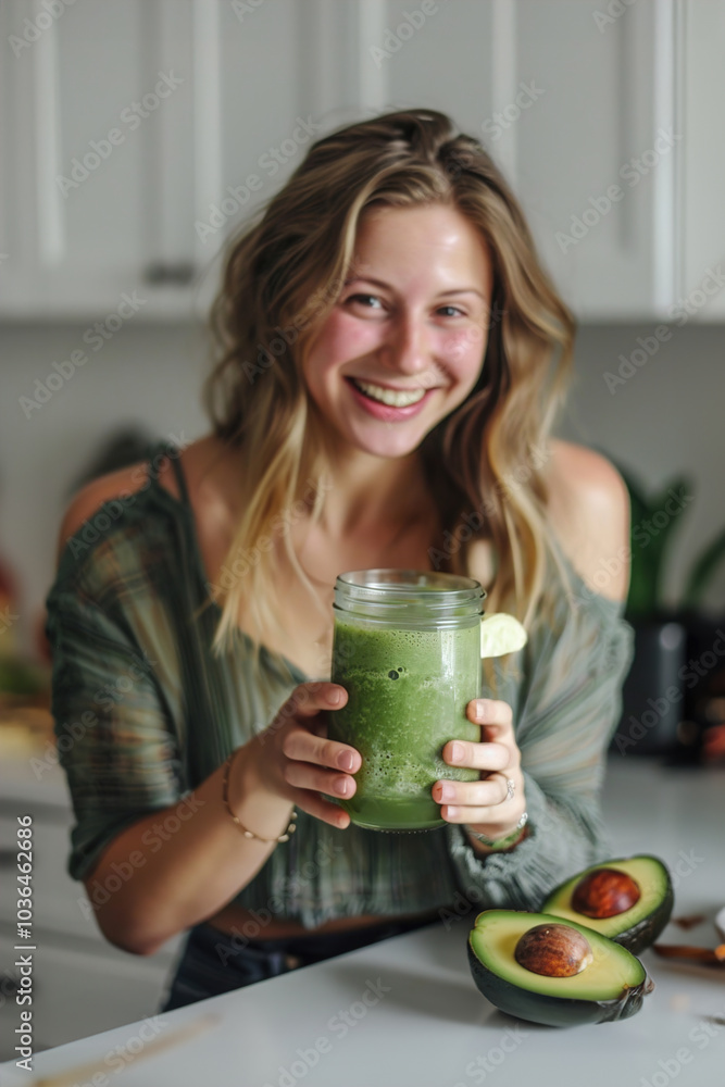 Woman smiling and shows green wheatgrass drink and avocado. Woman smiling and shows green wheatgrass drink and avocado.
