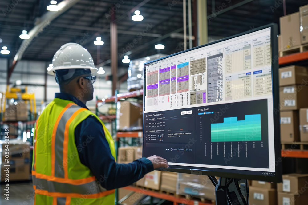 Manager reviewing inventory dashboard on a large screen, workers loading pallets in background Manager reviewing inventory dashboard on a large screen, workers loading pallets in background