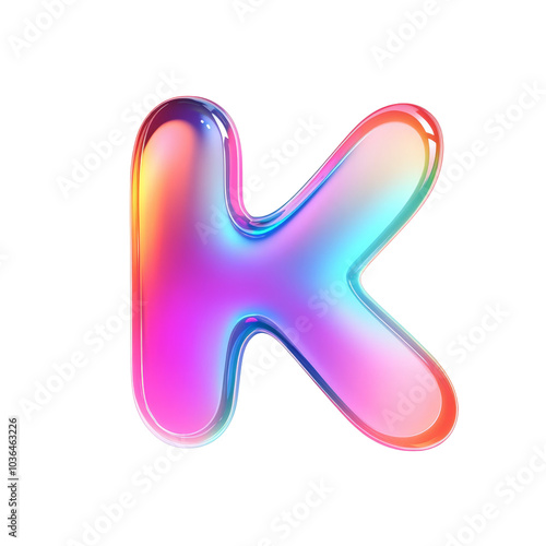 An illustration features the letter "K" in a glossy, balloon-like style with a shiny chrome finish, available as a PNG file for various creative uses.