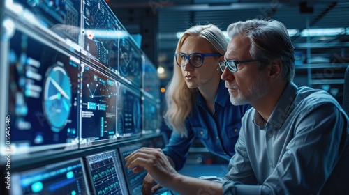 A team of cybersecurity experts analyzing potential threats on a digital dashboard, with real-time data and security alerts being monitored in a secure computer lab. photo