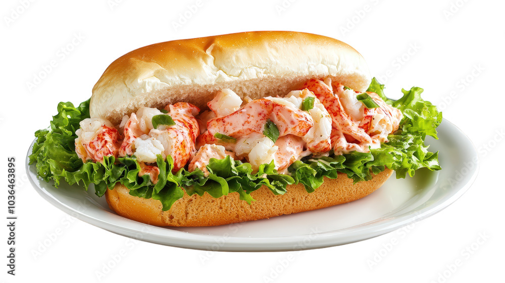 A delicious fresh lobster roll on a buttery bun with crisp lettuce A delicious fresh lobster roll on a buttery bun with crisp lettuce