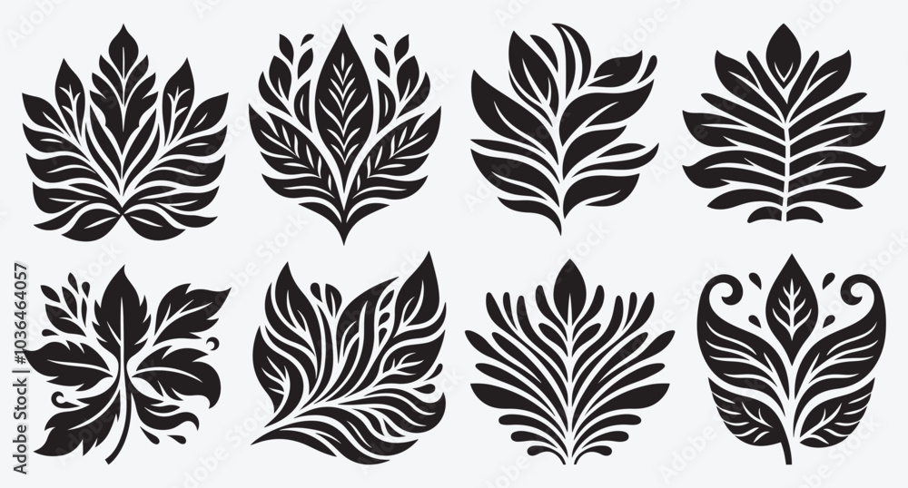 Fototapeta premium Tropical Leaves Silhouette Bundle Clip Art Vector Illustration Isolated on White Background 