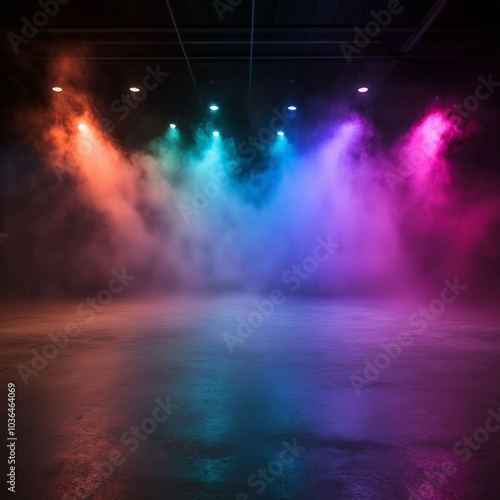 Wallpaper Mural Hyper-Realistic Dark Room with Fog, Neon Lights, Empty Stage, and Concrete Background for a Mysterious Vibe Torontodigital.ca