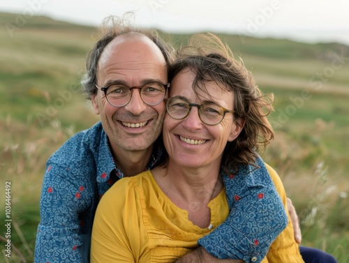 A couple smiles for the camera while embracing each other. AI.