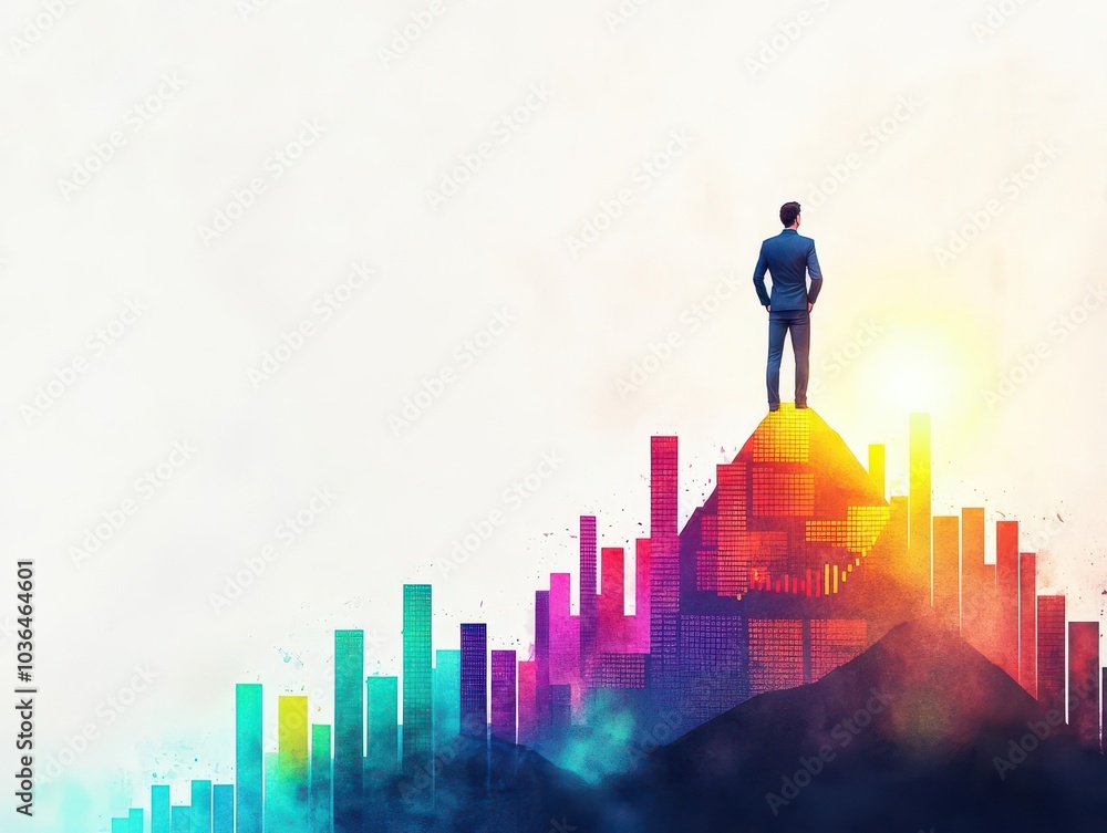 A businessman standing on a mountain made of stock market graphs, looking towards a glowing horizon, watercolor, bright warm colors A businessman standing on a mountain made of stock market graphs, looking towards a glowing horizon, watercolor, bright warm colors