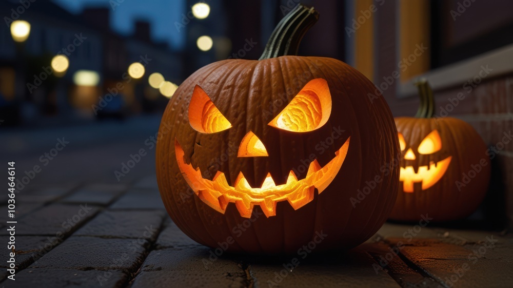 A spooky jack-o-lantern with a carved face sits on the sidewalk, illuminated by a candle inside. A second, less detailed jack-o-lantern is visible in the background. A spooky jack-o-lantern with a carved face sits on the sidewalk, illuminated by a candle inside. A second, less detailed jack-o-lantern is visible in the background.