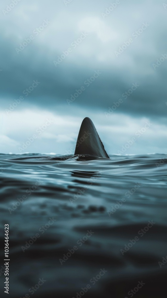 Fototapeta premium A shark fin breaks the surface of the water. AI.
