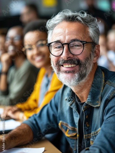 A man smiles at the camera in a group setting. AI.