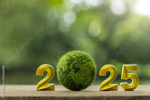 2025 New Year concept. Gold 2025 Text with Green Globe for Sustainable environment development goals for the new year. environmental sustainability target. planning and managing a successful business