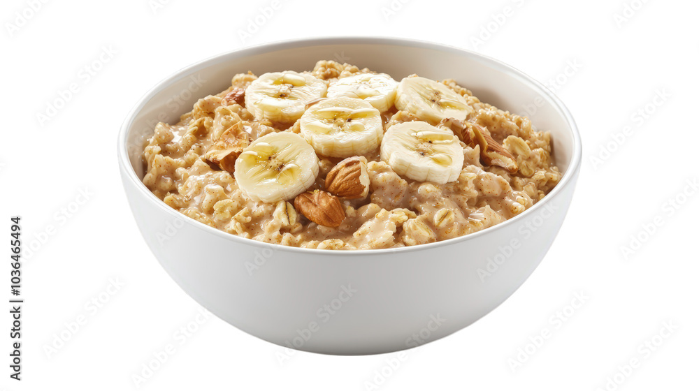 Creamy peanut butter oatmeal topped with banana slices and nuts in a white bowl, perfect for a nutritious breakfast at home Creamy peanut butter oatmeal topped with banana slices and nuts in a white bowl, perfect for a nutritious breakfast at home