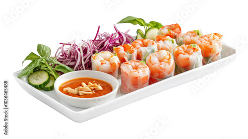 Fresh spring rolls filled with shrimp and vegetables, served on a platter with dipping sauce at a bright, casual dining setting