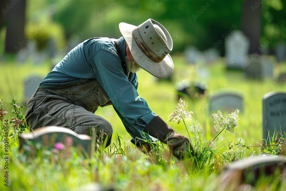 Cemetery groundskeeper trimming grass around headstones, maintaining neat rows, wearing protective gloves and hat Cemetery groundskeeper trimming grass around headstones, maintaining neat rows, wearing protective gloves and hat