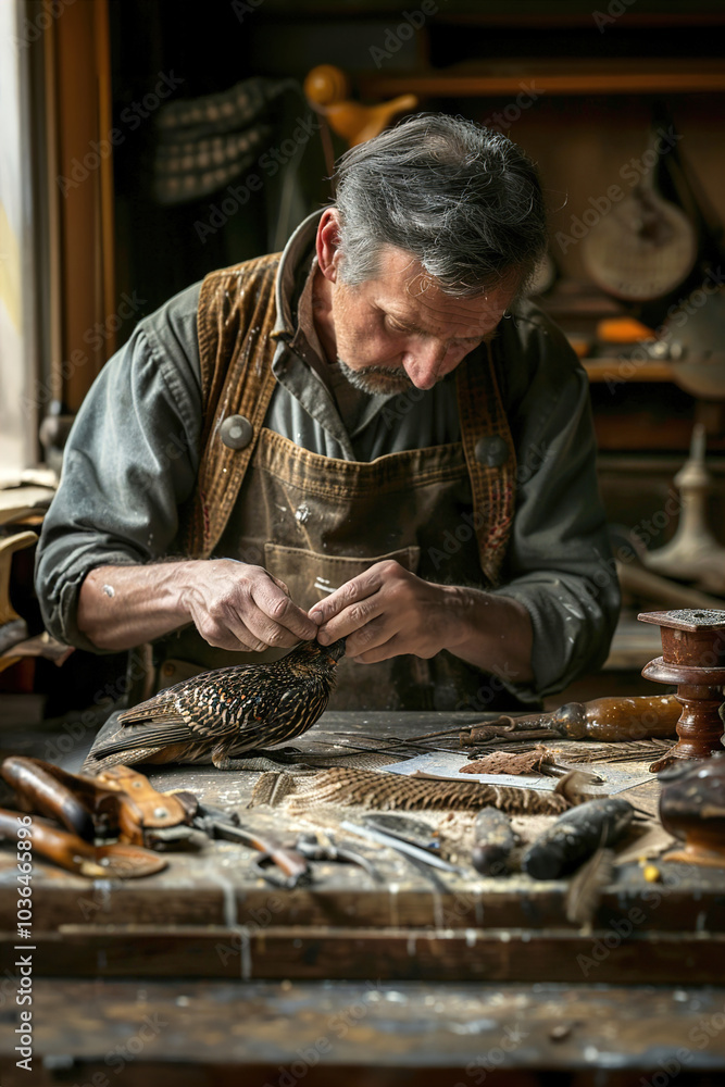 Taxidermist carefully sewing a bird’s feathers, precision tools arranged on the table, focused expression Taxidermist carefully sewing a bird’s feathers, precision tools arranged on the table, focused expression