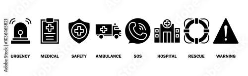 Emergency banner web icon vector illustration concept with icon of urgency, medical, safety, ambulance, sos, hospital, rescue, and warning