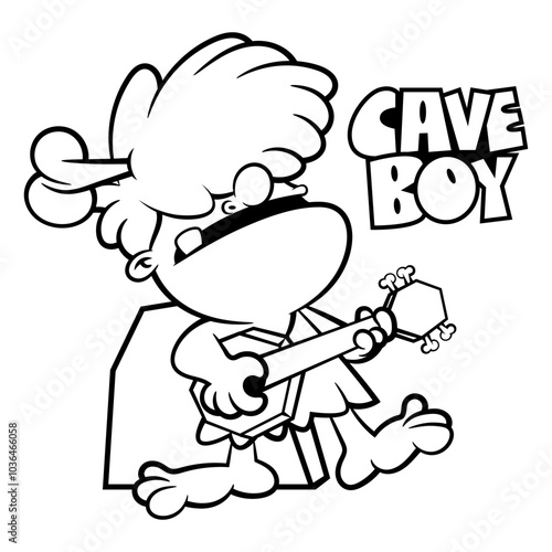 Little Caveman cartoon characters singing and playing guitar with speakers was made from stones, woods, and bones. Best for outline, logo, and coloring book with musical themes for kid