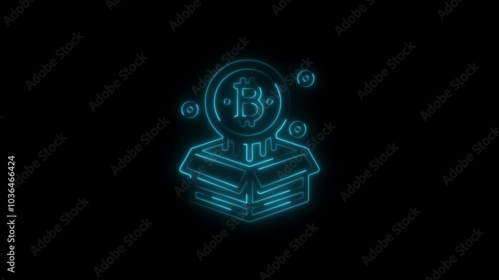 Neon Bitcoin Cryptocurrency Icon Emerging from Box - Digital Currency Concept Neon Bitcoin Cryptocurrency Icon Emerging from Box - Digital Currency Concept