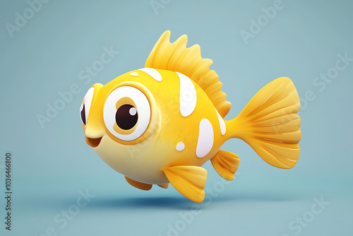 A cheerful, cartoon-style yellow fish with white spots swimming happily.