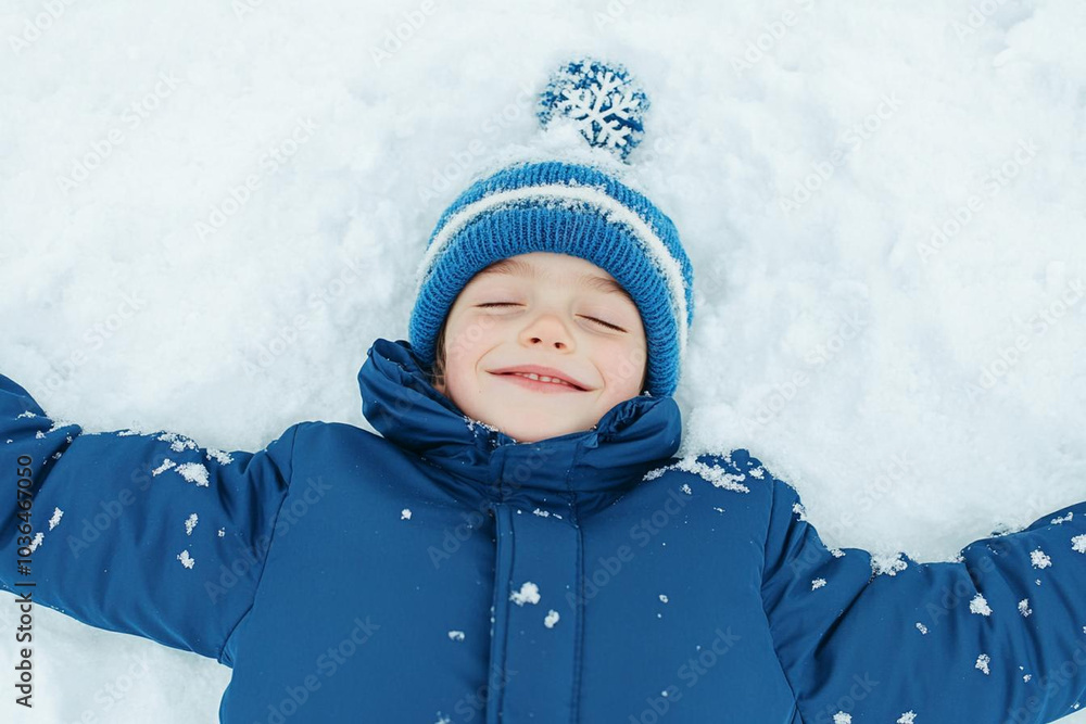 joyful child in blue jacket and hat enjoys making snow angels in snow joyful child in blue jacket and hat enjoys making snow angels in snow
