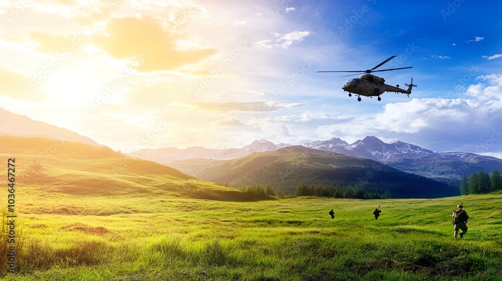 Soldiers in a landscape with a helicopter above. Soldiers in a landscape with a helicopter above.