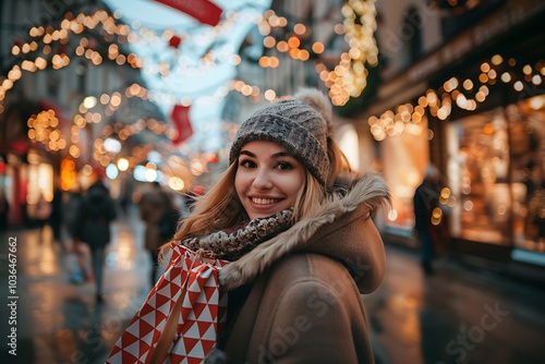 Smiling European Woman in Festive Urban Setting