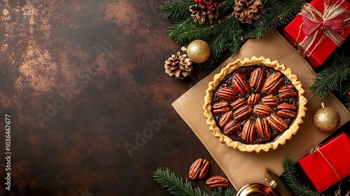 Holiday pecan pie with festive decorations.