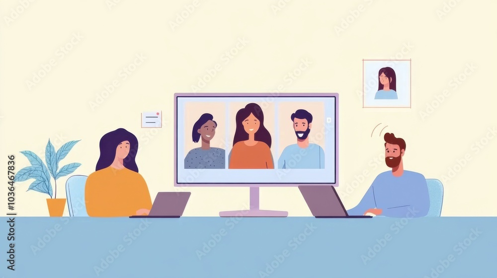 A group of friends having a virtual meeting on a video conference platform, Modern lifestyle scene, Social style A group of friends having a virtual meeting on a video conference platform, Modern lifestyle scene, Social style