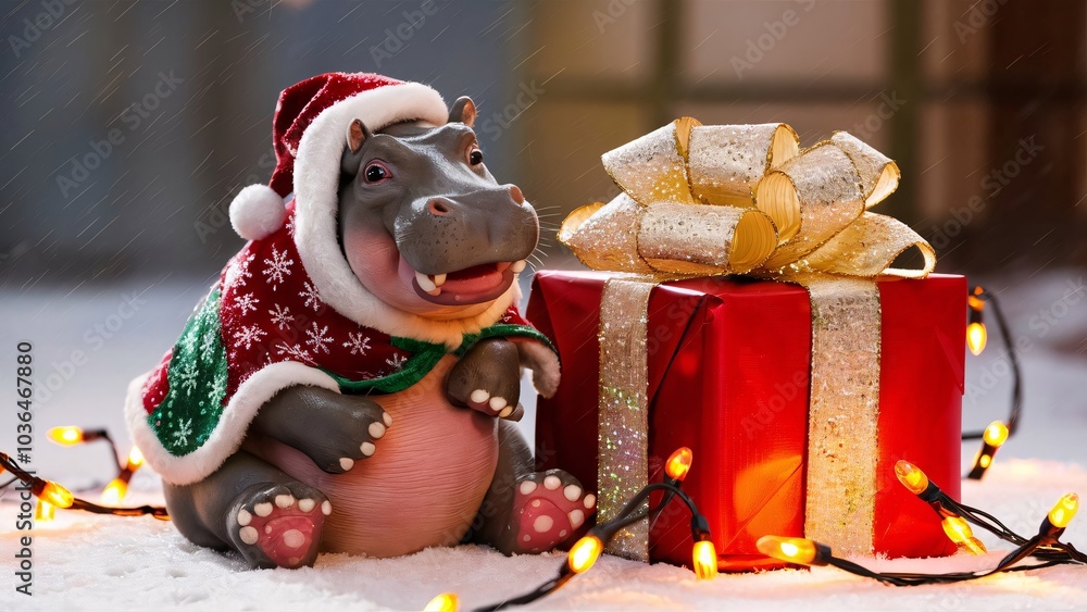 Fototapeta premium Cute Hippo Christmas Theme