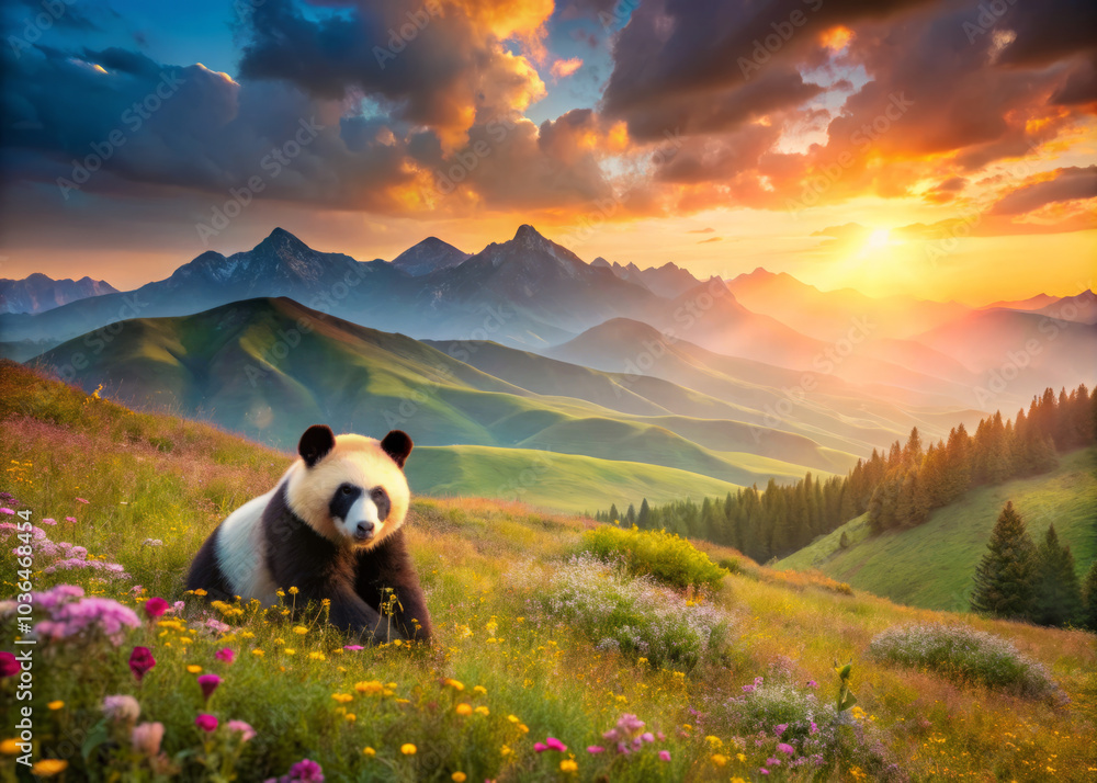 panda sits peacefully in vibrant meadow filled with colorful flowers, surrounded by rolling green hills and majestic mountains under stunning sunset. warm glow of sun enhances serene landscape, panda sits peacefully in vibrant meadow filled with colorful flowers, surrounded by rolling green hills and majestic mountains under stunning sunset. warm glow of sun enhances serene landscape,