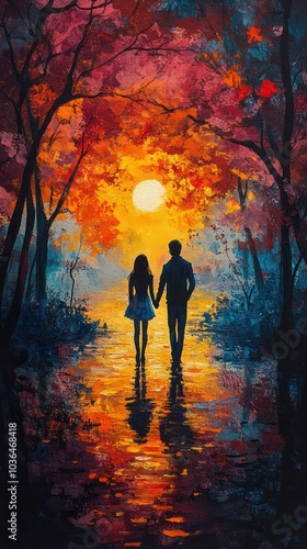 Wallpaper Mural Silhouettes of a Couple Walking in a Forest at Sunset, Painting Torontodigital.ca