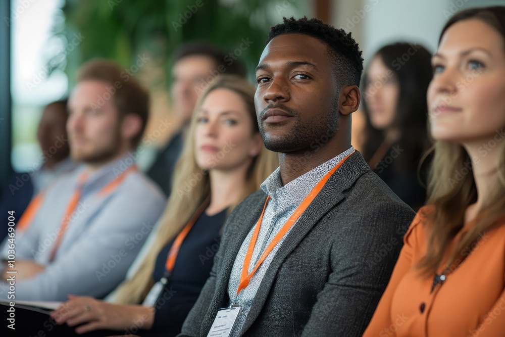 Diverse group of people attending a business conference in a modern office setting, Generative AI