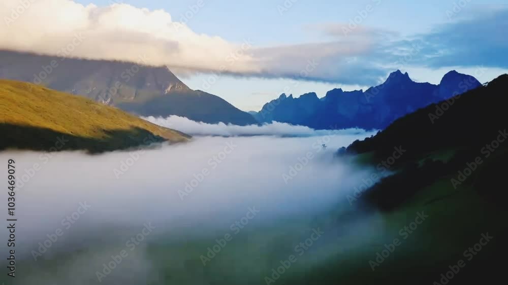 A stunning aerial view of a valley in the mountains with mist rolling through it.
A stunning aerial view of a valley in the mountains with mist rolling through it.