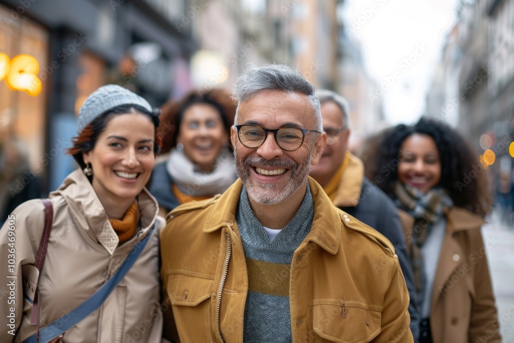 Portrait of a smiling senior man with his friends walking in the city Portrait of a smiling senior man with his friends walking in the city