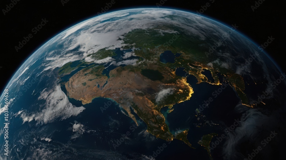 Fototapeta premium Earth, Civilization, Light, Glow, Radiation, Planet, Space, Universe, Continents, Land, Water, Seas, Cities